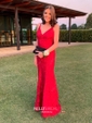 Burgundy Mermaid V-neck Lace Backless Prom Dresses