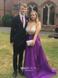 Ball Gown V-neck Backless Satin Prom Dresses With Beading