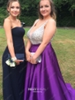 Ball Gown V-neck Backless Satin Prom Dresses With Beading
