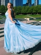 Princess V-neck Tulle Floor-length Beading Prom Dresses