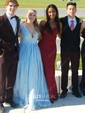 Ball Gown V-neck Floor-length Tulle Prom Dresses With Appliques