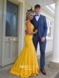 Trumpet/Mermaid V-neck Silk-like Satin Sweep Train Ruffles Prom Dresses