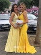 Trumpet/Mermaid V-neck Silk-like Satin Sweep Train Ruffles Prom Dresses