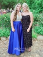 Ball Gown V-neck Backless Satin Prom Dresses With Beading