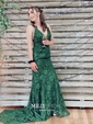 Burgundy Mermaid V-neck Lace Backless Prom Dresses