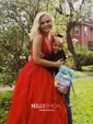Ball Gown V-neck Floor-length Tulle Prom Dresses With Appliques