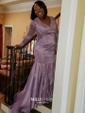 Trumpet/Mermaid V-neck Tulle Sweep Train Appliques Lace Prom Dresses