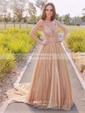 A-line V-neck Tulle Backless Prom Dresses With Ruched