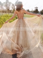 A-line V-neck Tulle Backless Prom Dresses With Ruched