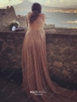 A-line V-neck Tulle Backless Prom Dresses With Ruched