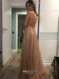 A-line V-neck Tulle Backless Prom Dresses With Ruched