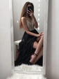 A-line V-neck Floor-length Backless Chiffon Prom Dresses With Beading