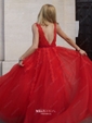 Ball Gown V-neck Floor-length Tulle Prom Dresses With Appliques