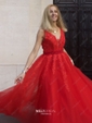 Ball Gown V-neck Floor-length Tulle Prom Dresses With Appliques