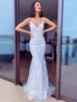 Trumpet/Mermaid V-neck Tulle Sweep Train Sequins Prom Dresses