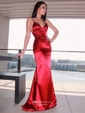 Sheath/Column V-neck Backless Floor-length Satin Prom Dresses
