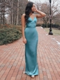 Sheath/Column V-neck Backless Floor-length Satin Prom Dresses