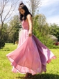 A-line Sweep Train V-neck Shimmer Crepe Pockets Prom Dresses