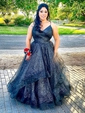Princess V-neck Glitter Floor-length Cascading Ruffles Prom Dresses