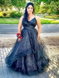 Ball Gown V-neck Tulle Ruffle Tiered Prom Dresses