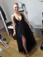Black A-line V-neck Floor-length Tulle Prom Dresses With Split