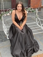 A-line V-neck Satin Sweep Train Split Front Prom Dresses Sale