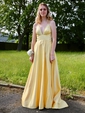 A-line V-neck Satin Sweep Train Split Front Prom Dresses Sale