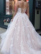 Ball Gown/Princess Sweep Train Scoop Neck Tulle Appliques Lace Prom Dresses