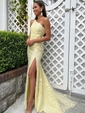 Sheath/Column One Shoulder Tulle Sweep Train Split Front Prom Dresses