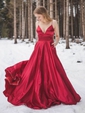 A-line Sweep Train V-neck Silk-like Satin Pockets Prom Dresses