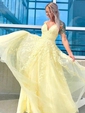 A-line V-neck Tulle Lace Sweep Train Appliques Lace Prom Dresses