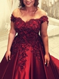 Ball Gown Off-the-shoulder Satin 3D Floral Prom Dresses With Appliques