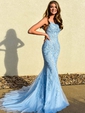 Mermaid Scoop Neck Tulle Prom Dresses With Appliques
