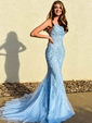 Trumpet/Mermaid Scoop Neck Tulle Sweep Train Appliques Lace Prom Dresses