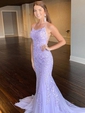 Trumpet/Mermaid Scoop Neck Tulle Sweep Train Appliques Lace Prom Dresses