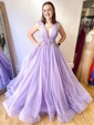 Ball Gown V-neck Tulle 3D Floral Prom Dresses With Ruched