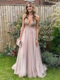 A-line V-neck Tulle Floor-length Beading Prom Dresses