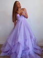 Princess V-neck Glitter Sweep Train Cascading Ruffles Prom Dresses