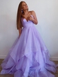 Ball Gown V-neck Tulle Ruffle Tiered Prom Dresses