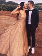 A-line Sweep Train V-neck Glitter Prom Dresses