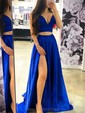 A-line Sweep Train V-neck Silk-like Satin Pockets Prom Dresses