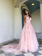 Ball Gown V-neck Tulle Prom Dresses With Appliques