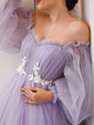 Princess Off-the-shoulder Tulle Sweep Train Appliques Lace Prom Dresses