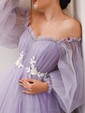 Ball Gown Off-the-shoulder Tulle Modest Prom Dresses With Puff Sleeve