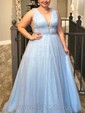 Ball Gown/Princess Floor-length V-neck Tulle Beading Prom Dresses