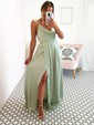 A-line Cowl Neck Silk-like Satin Sweep Train Split Front Prom Dresses