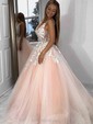 Ball Gown/Princess Floor-length V-neck Tulle Appliques Lace Prom Dresses