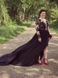 A-line Scoop Neck Chiffon Tulle Court Train Appliques Lace Prom Dresses