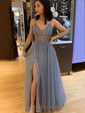A-line V-neck Tulle Sweep Train Appliques Lace Prom Dresses