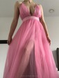 A-line V-neck Tulle Floor-length Split Front Prom Dresses